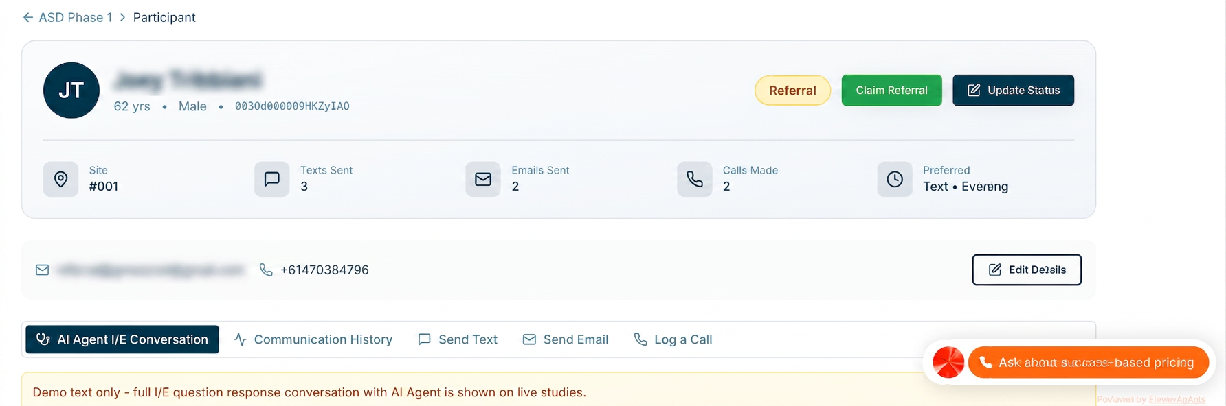 Participant detail screen where data is reviewed and referral is claimed