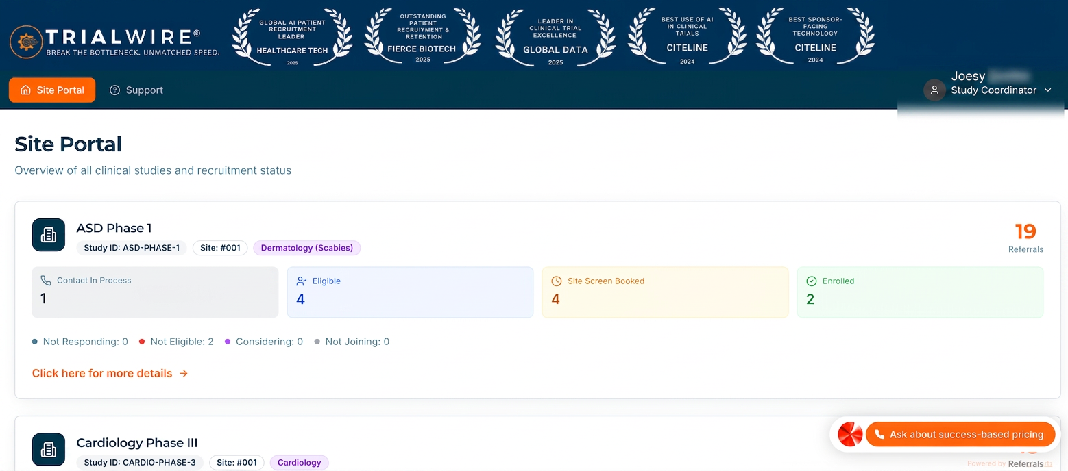 Site Portal showing all clinical studies and recruitment status